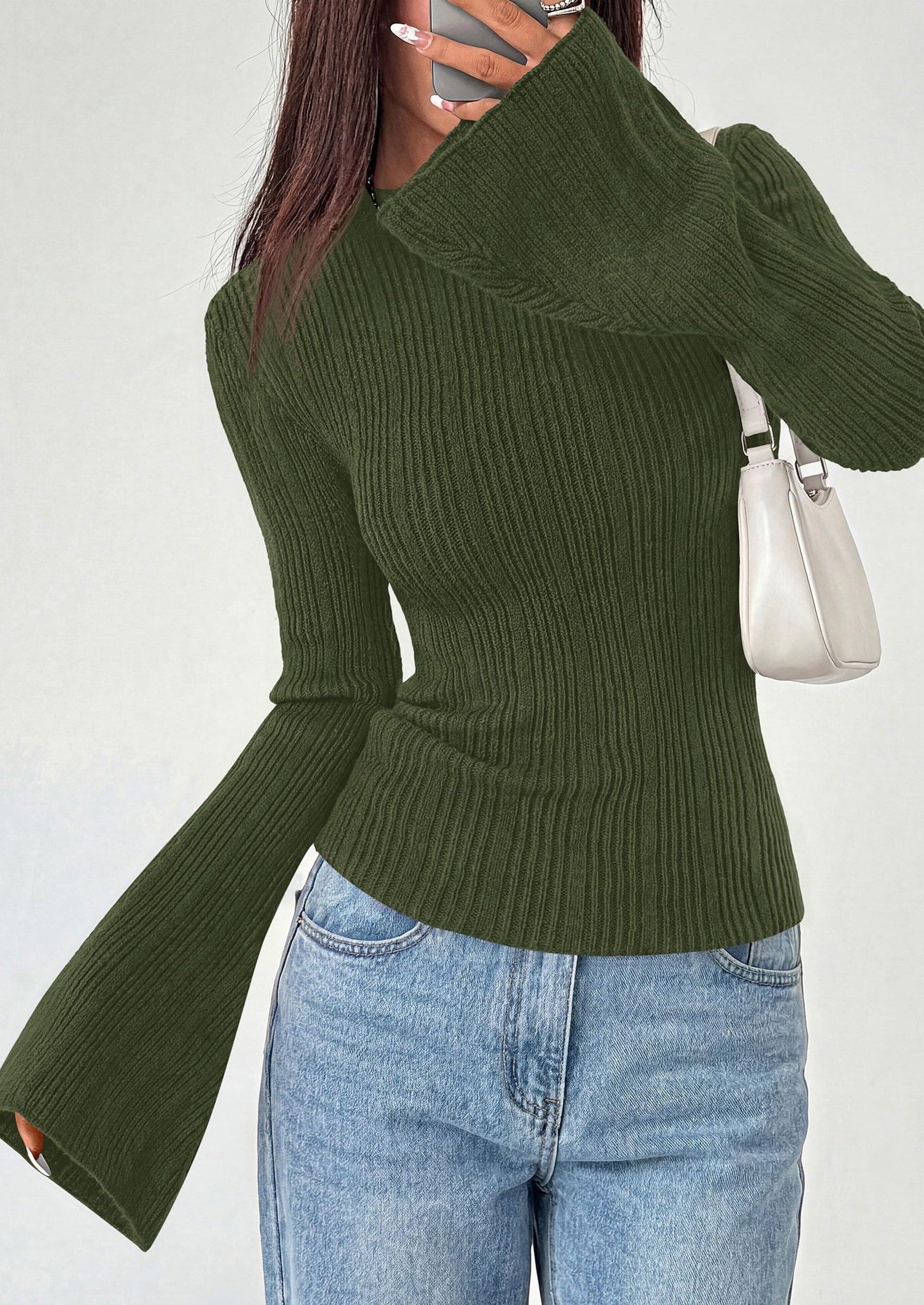 PRETTYGARDEN Sweaters for Women Lightweight Mock Neck Bell Long Sleeve Fitted Tops Ribbed Pullover Fall Fashion Clothing