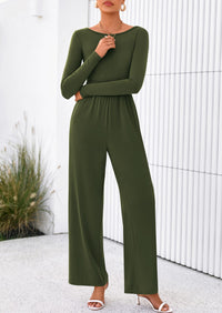 PRETTYGARDEN One Piece Jumpsuits for Women Dressy Casual Long Sleeve Crewneck Wide Leg Romper Overalls Spring Outfits
