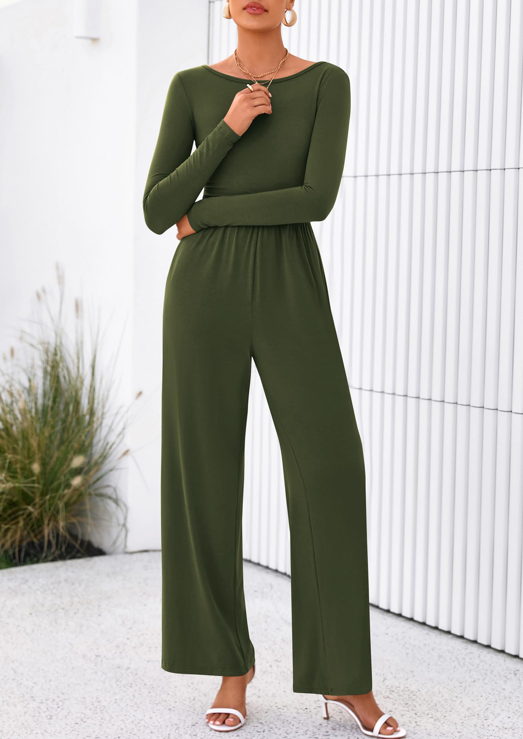 PRETTYGARDEN One Piece Jumpsuits for Women Dressy Casual Long Sleeve Crewneck Wide Leg Romper Overalls Spring Outfits