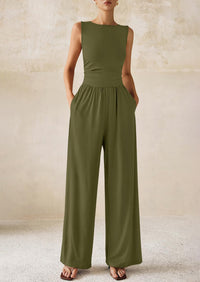 PRETTYGARDEN One Piece Jumpsuits for Women Dressy Casual Sleeveless Crewneck Wide Leg Rompers Jumpers Vacation Summer Outfits