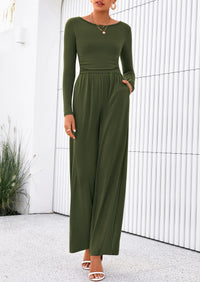 PRETTYGARDEN One Piece Jumpsuits for Women Dressy Casual Long Sleeve Crewneck Wide Leg Romper Overalls Spring Outfits