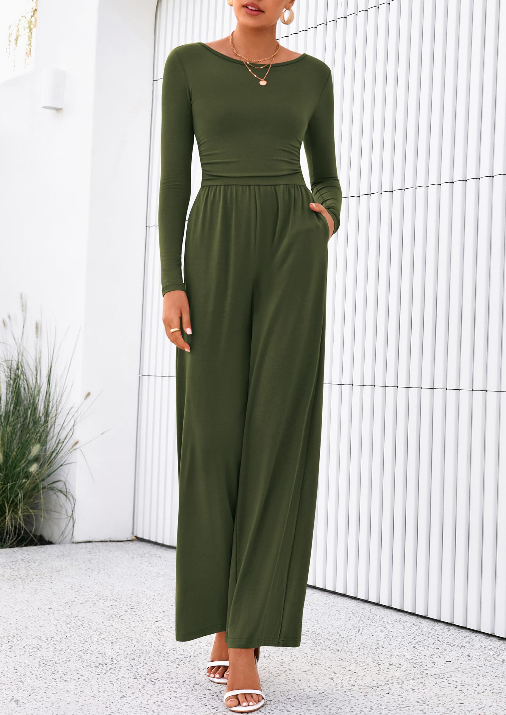 PRETTYGARDEN One Piece Jumpsuits for Women Dressy Casual Long Sleeve Crewneck Wide Leg Romper Overalls Spring Outfits