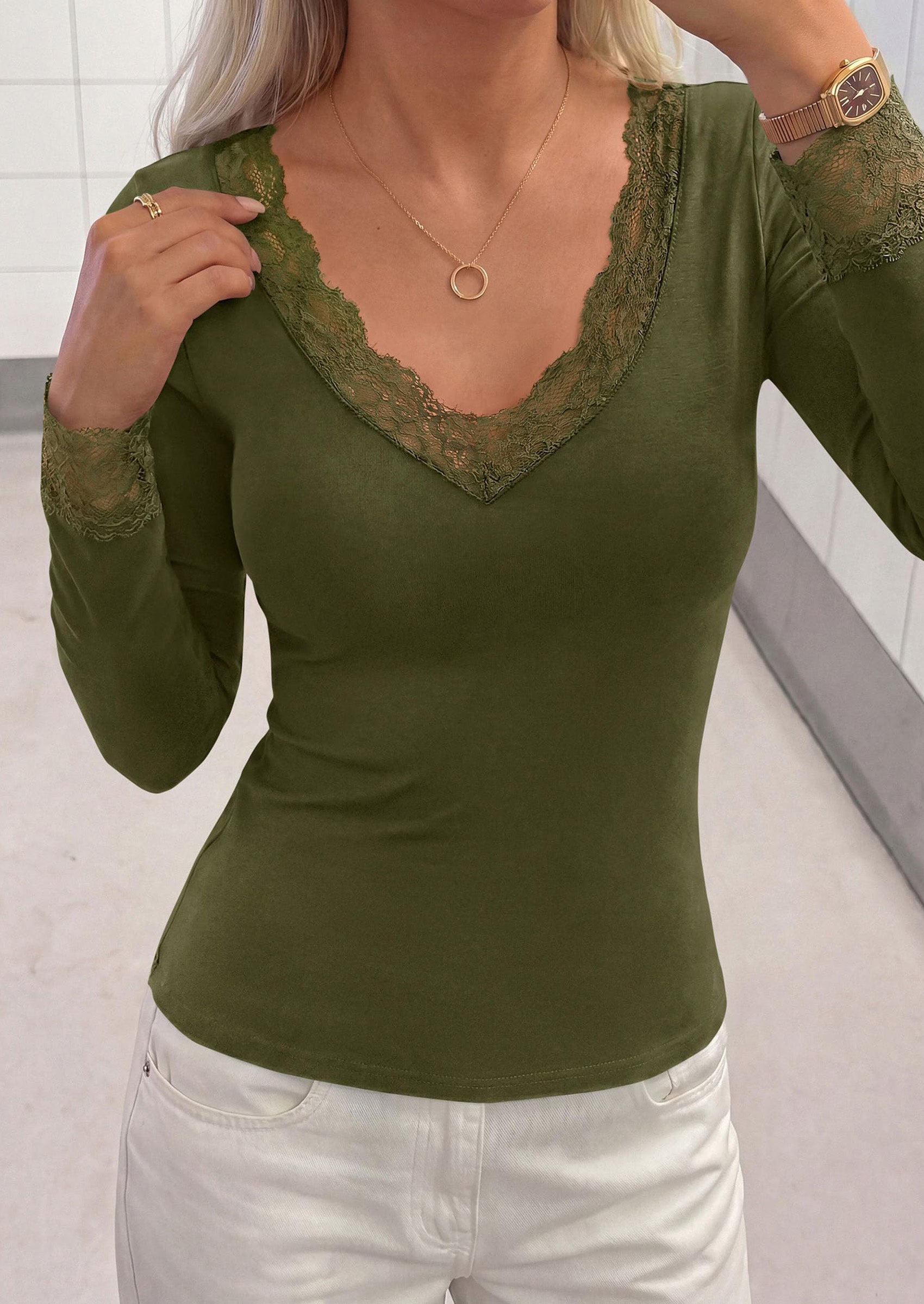 PRETTYGARDEN Womens Long Sleeve Shirts Cute Lace V Neck Tops Trendy Going Out Crop Top Sexy Stretchy Fitted Blouses Fall Clothes Dressy Work Office Outfit Casual Layering Tops