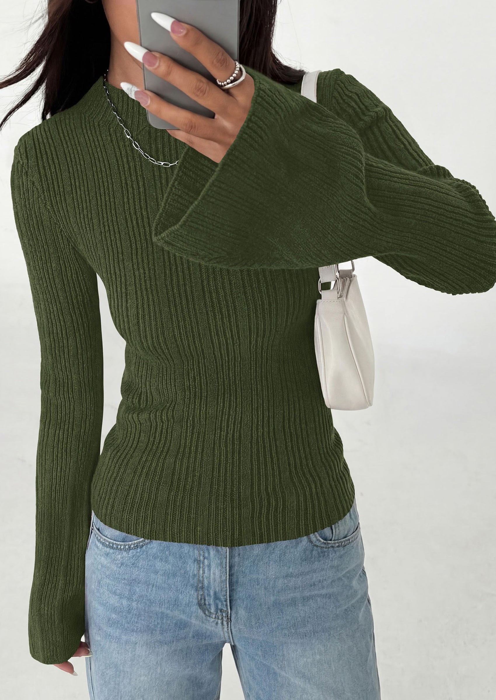 PRETTYGARDEN Sweaters for Women Lightweight Mock Neck Bell Long Sleeve Fitted Tops Ribbed Pullover Fall Fashion Clothing