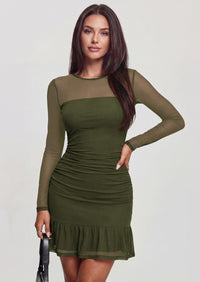 PRETTYGARDEN Women's Mesh Sheer Long Sleeve Ruched Bodycon Mini Dress Fall Cocktail Party Short Dresses with Ruffle Hem