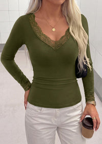 PRETTYGARDEN Womens Long Sleeve Shirts Cute Lace V Neck Tops Trendy Going Out Crop Top Sexy Stretchy Fitted Blouses Fall Clothes Dressy Work Office Outfit Casual Layering Tops