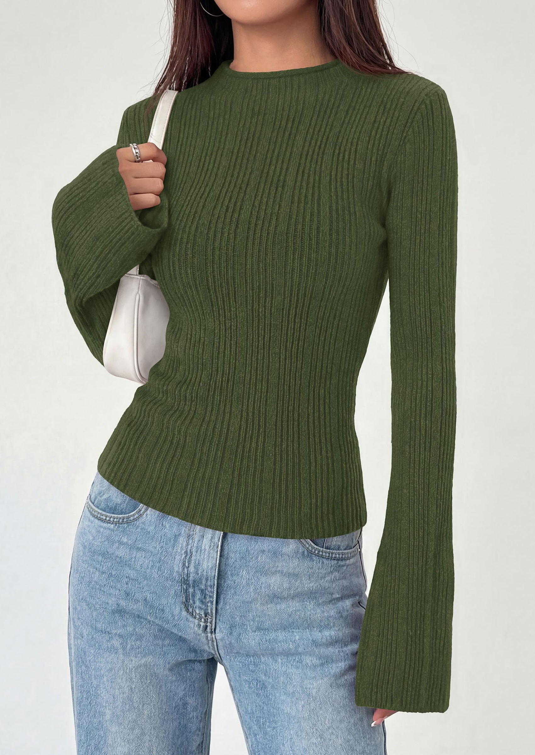 PRETTYGARDEN Sweaters for Women Lightweight Mock Neck Bell Long Sleeve Fitted Tops Ribbed Pullover Fall Fashion Clothing