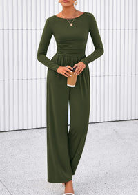 PRETTYGARDEN One Piece Jumpsuits for Women Dressy Casual Long Sleeve Crewneck Wide Leg Romper Overalls Spring Outfits