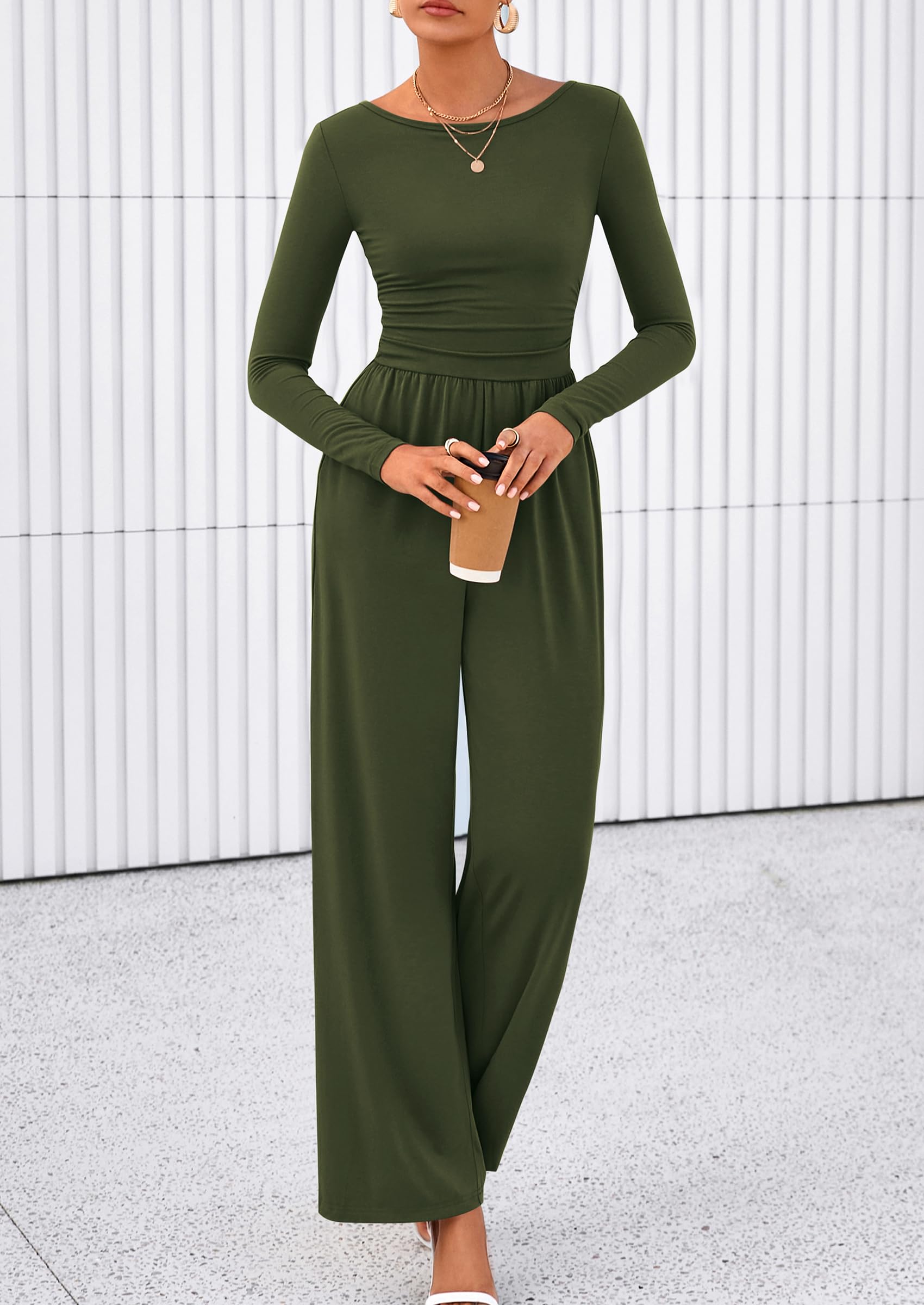 PRETTYGARDEN One Piece Jumpsuits for Women Dressy Casual Long Sleeve Crewneck Wide Leg Romper Overalls Spring Outfits