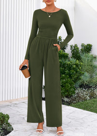 PRETTYGARDEN One Piece Jumpsuits for Women Dressy Casual Long Sleeve Crewneck Wide Leg Romper Overalls Spring Outfits
