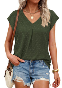 PRETTYGARDEN Women's Summer Blouses Casual Dressy Swiss Dot Cap Sleeve V Neck Tops 2026 Trendy Work Business Spring Shirts