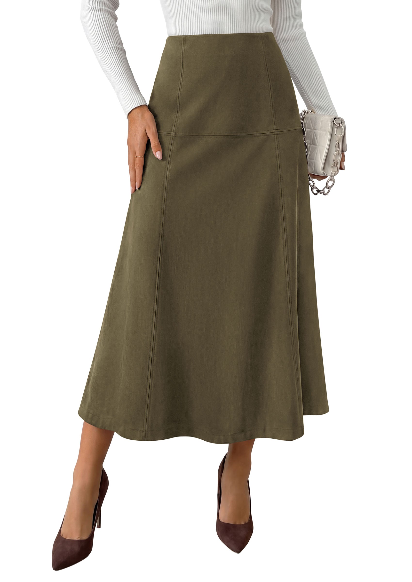 PRETTYGARDEN Womens High Waist Faux Suede A Line Midi Skirt | Hidden Stretch Elastic Waist, Front Back Panel Stitching, Vintage Elegant Mid-Calf Long Skirts for Fall Winter Office Daily