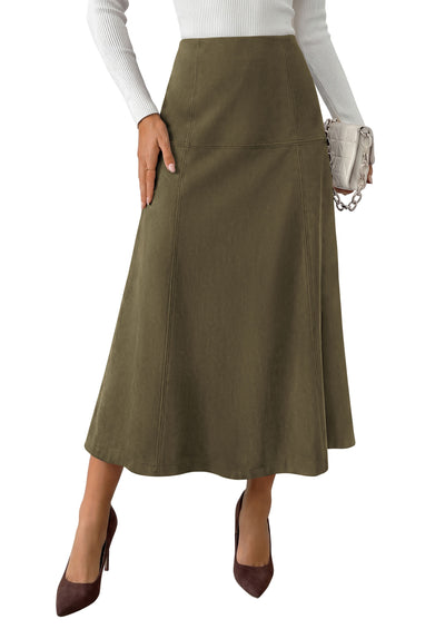 PRETTYGARDEN Womens High Waist Faux Suede A Line Midi Skirt | Hidden Stretch Elastic Waist, Front Back Panel Stitching, Vintage Elegant Mid-Calf Long Skirts for Fall Winter Office Daily
