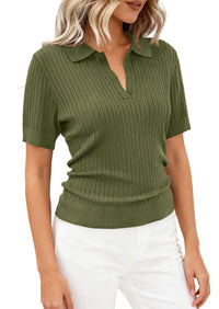 PRETTYGARDEN Women's Short Sleeve Sweater 2026 Spring Polo Shirts Ribbed Knit V Neck Business Casual Tops Summer Work Clothes PRETTYGARDEN