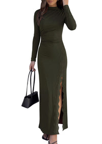 PRETTYGARDEN Womens Mock Neck Long Sleeve Bodycon Maxi Dress  Formal Ruched Lace Trim Long Dresses, High Slit Elegant Gown for Wedding Guest, Cocktail Party, Fall Date Night Outfit