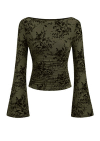 PRETTYGARDEN Women's Bell Sleeve Floral Mesh Crop Tops | Slim Fitted Shirts, Long Sleeve Going Out Top, Ruched Front, Boat Neck, Casual Blouses, Fall Date Night Outfits, Y2K Clothes