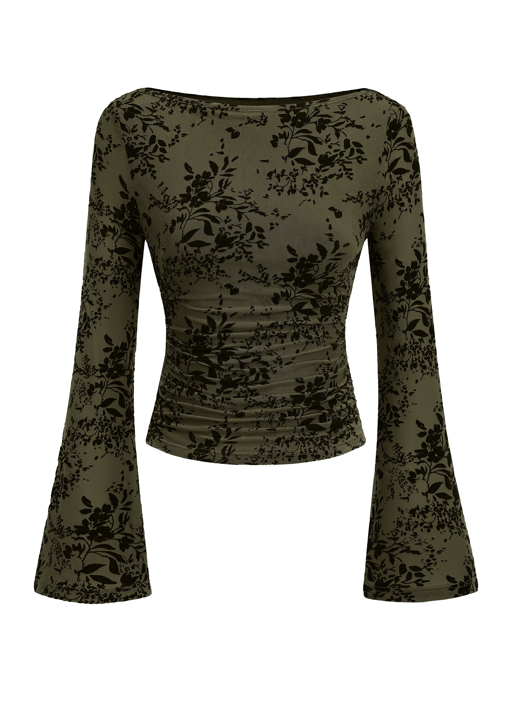 PRETTYGARDEN Women's Bell Sleeve Floral Mesh Crop Tops | Slim Fitted Shirts, Long Sleeve Going Out Top, Ruched Front, Boat Neck, Casual Blouses, Fall Date Night Outfits, Y2K Clothes