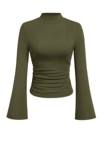 PRETTYGARDEN Womens Long Sleeve Shirts 2026 Fall Bell Sleeves Mock Turtleneck Ribbed Going Out Tops Casual Ruched Y2K Clothes