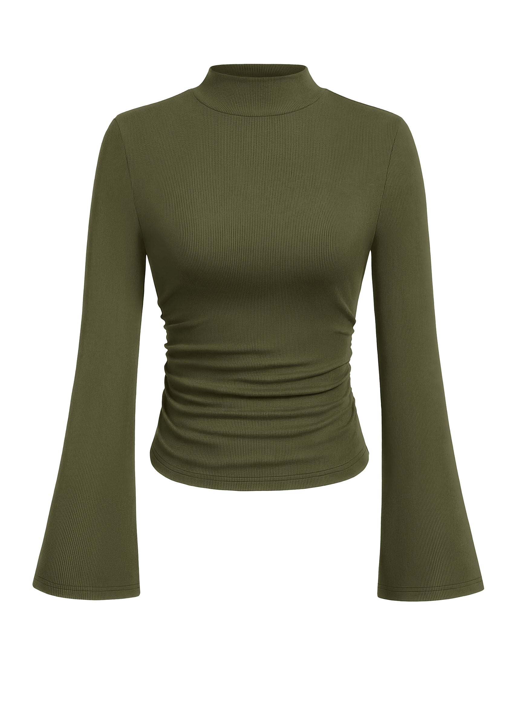 PRETTYGARDEN Womens Long Sleeve Shirts 2026 Fall Bell Sleeves Mock Turtleneck Ribbed Going Out Tops Casual Ruched Y2K Clothes