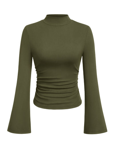 PRETTYGARDEN Womens Long Sleeve Shirts 2026 Fall Bell Sleeves Mock Turtleneck Ribbed Going Out Tops Casual Ruched Y2K Clothes