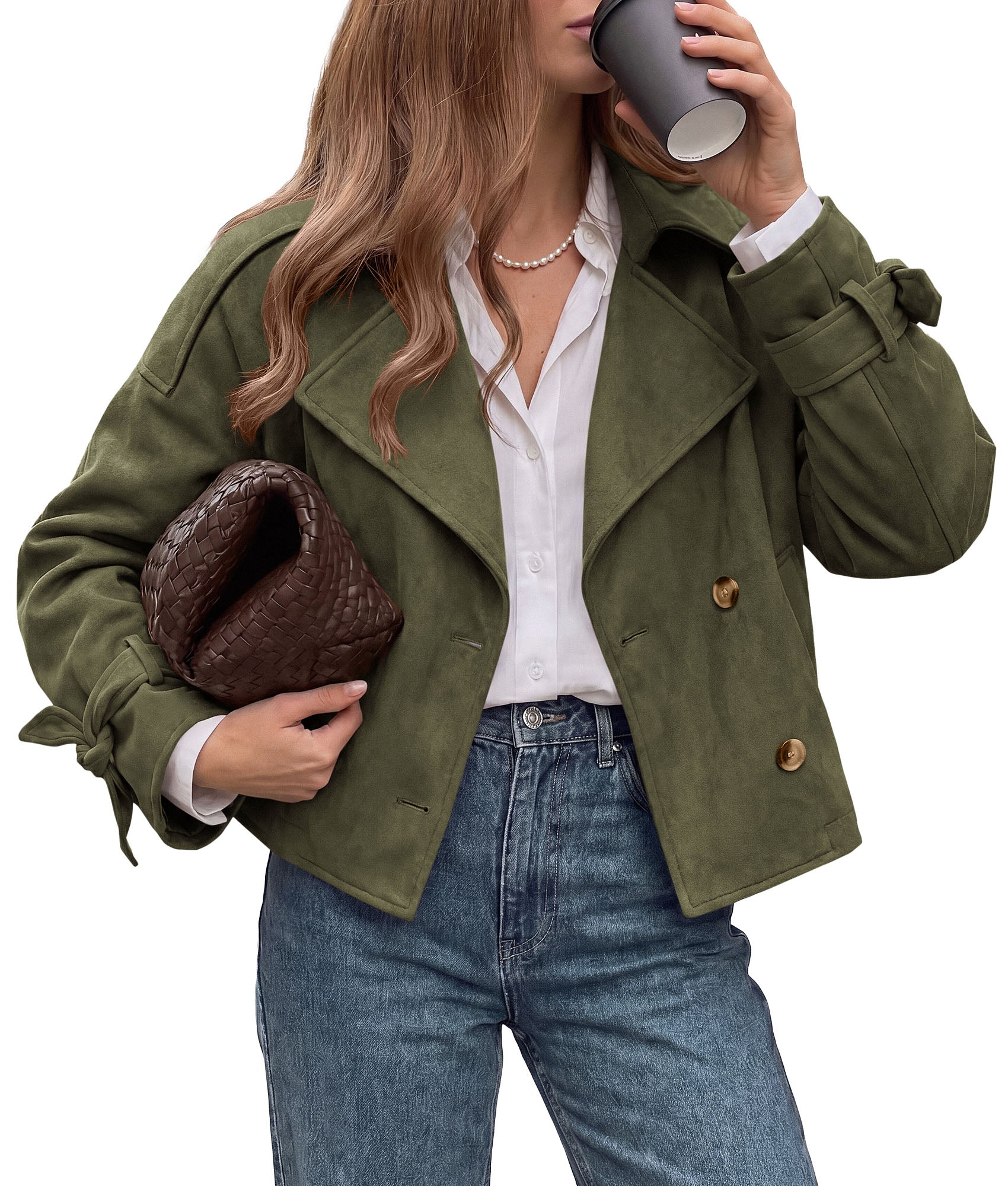 PRETTYGARDEN Women Faux Suede Double Breasted Trench Coat Cropped Jackets  Raglan Long Sleeve,Lapel,Tie Cuff,Button Down,Fall Fashion Outerwear,Winter Clothes,Work Office Casual Short Jacket