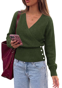 PRETTYGARDEN Women V Neck Wrap Sweater Cropped Tops Fall Winter Fashion 2026, Business Casual Outfits, Stretchy Soft knit, Wide Ribbed Hem with Side Buttons Pullover Sweaters