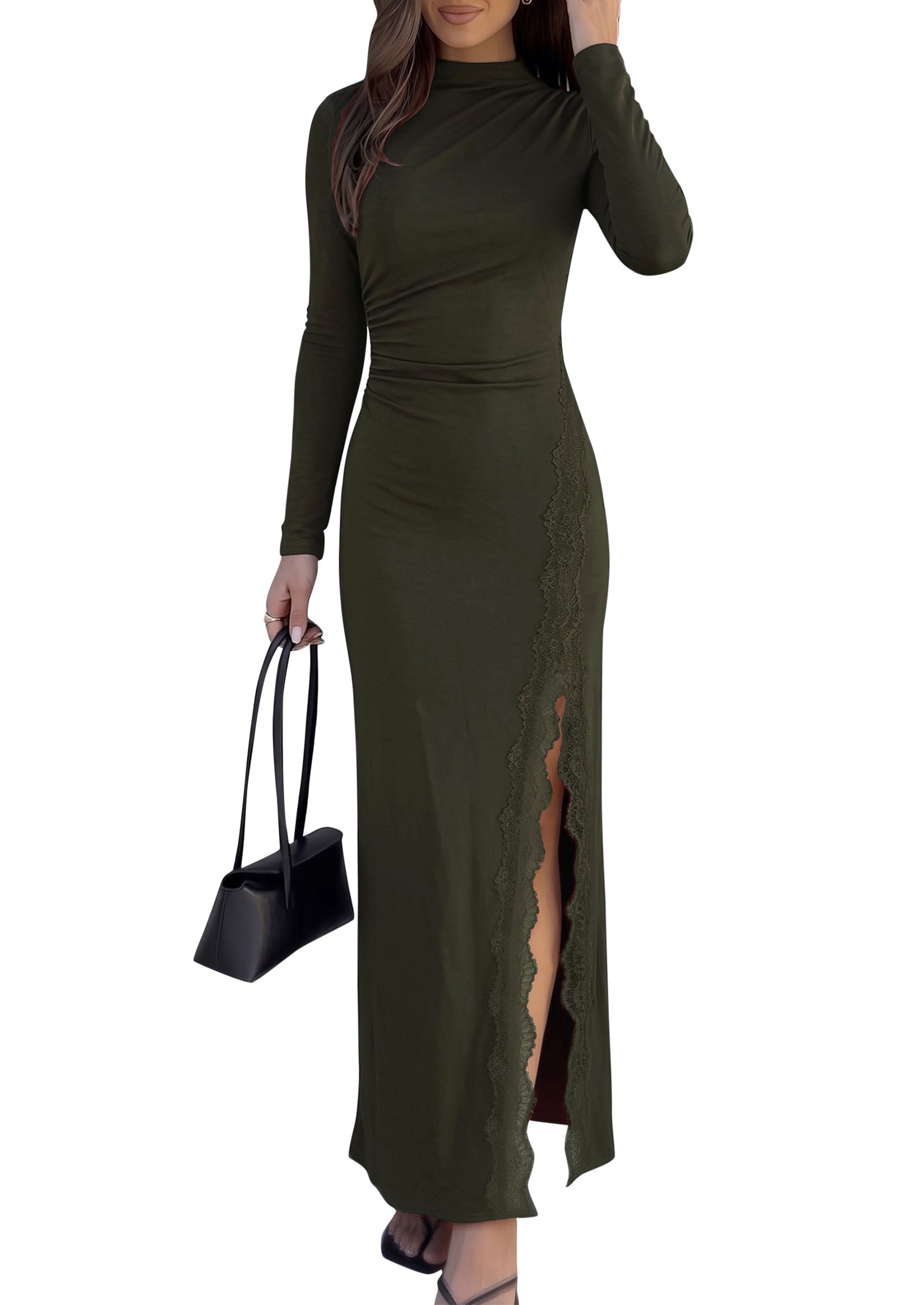 PRETTYGARDEN Womens Mock Neck Long Sleeve Bodycon Maxi Dress  Formal Ruched Lace Trim Long Dresses, High Slit Elegant Gown for Wedding Guest, Cocktail Party, Fall Date Night Outfit
