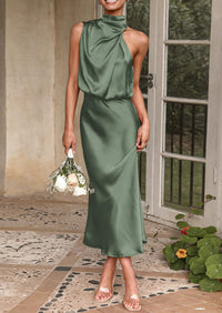 PRETTYGARDEN Women's Summer Satin Dress Elegant Sleeveless Mock Neck Cocktail Party Maxi Dresses