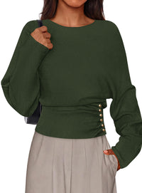 PRETTYGARDEN Batwing Sleeve Sweaters For Women Pullover Fall Clothes						 					  Cozy Ribbed Knit, Single Side Button,  Cinched Waist, Business Casual Work Outfits , 2026 Trendy Fall Winter Fashion Clothing