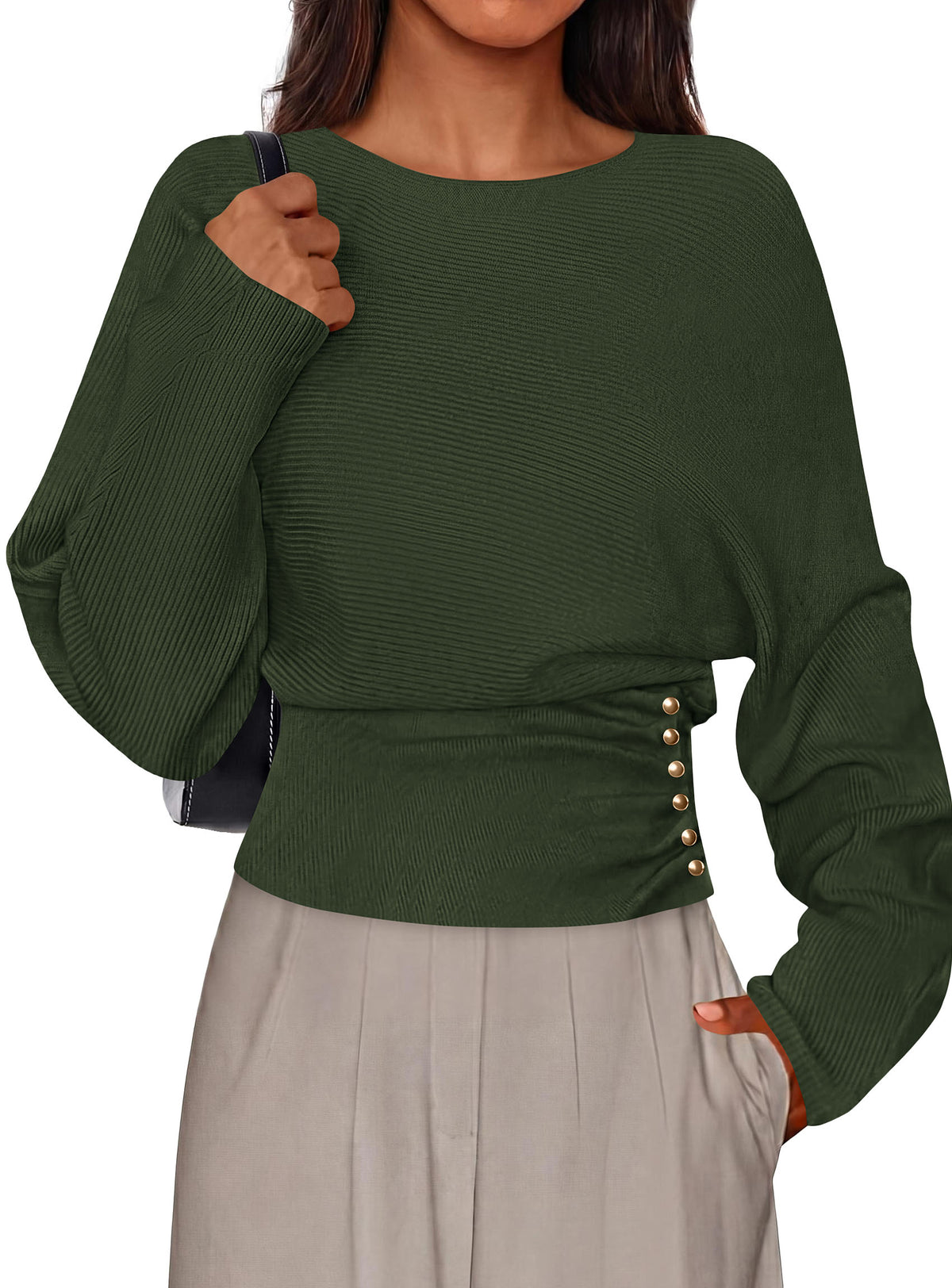 PRETTYGARDEN Batwing Sleeve Sweaters For Women Pullover Fall Clothes						 					  Cozy Ribbed Knit, Single Side Button,  Cinched Waist, Business Casual Work Outfits , 2026 Trendy Fall Winter Fashion Clothing