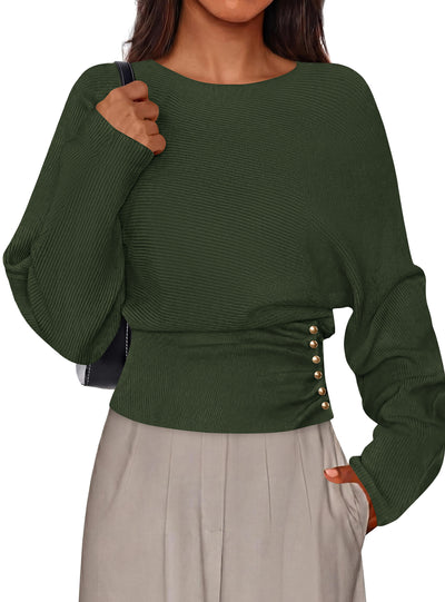 PRETTYGARDEN Batwing Sleeve Sweaters For Women Pullover Fall Clothes						 					  Cozy Ribbed Knit, Single Side Button,  Cinched Waist, Business Casual Work Outfits , 2026 Trendy Fall Winter Fashion Clothing