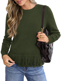 PRETTYGARDEN Womens Crewneck Long Sleeve Fringe Sweaters Pullover Tops Fringed Hemline, Ribbed Knit, Loose Fit, Bohemian Style, Soft Comfy Cute Sweater, Fall Winter Outfits, Casual Daily Wear