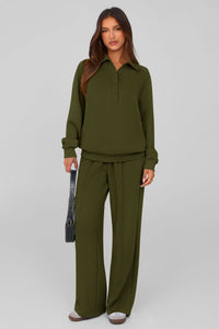 PRETTYGARDEN Women Fall 2 Piece Outfits Sweatsuits Quarter Button Long Sleeve Sweatshirt Wide Leg Pants Tracksuit Lounge Sets