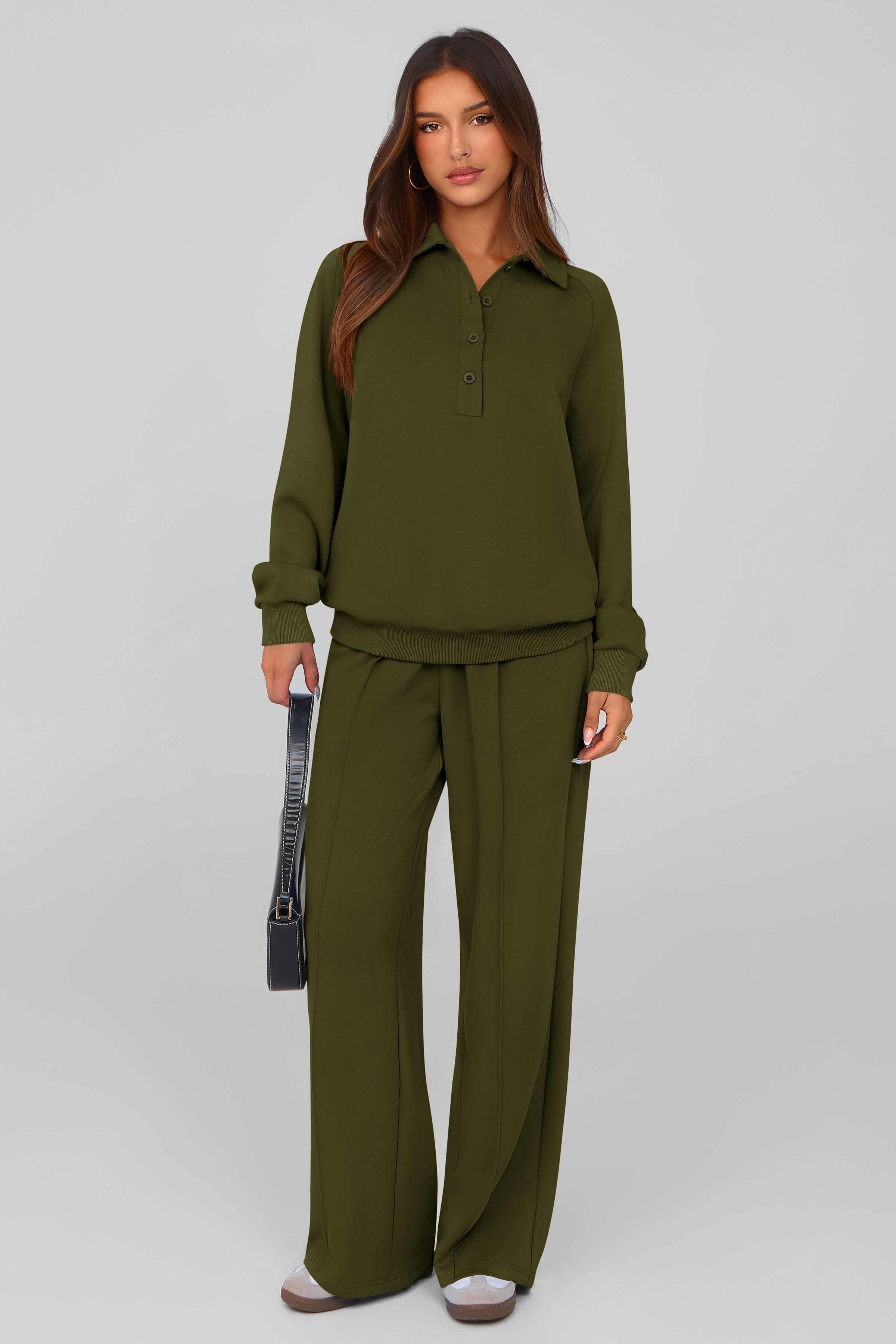 PRETTYGARDEN Women Fall 2 Piece Outfits Sweatsuits Quarter Button Long Sleeve Sweatshirt Wide Leg Pants Tracksuit Lounge Sets