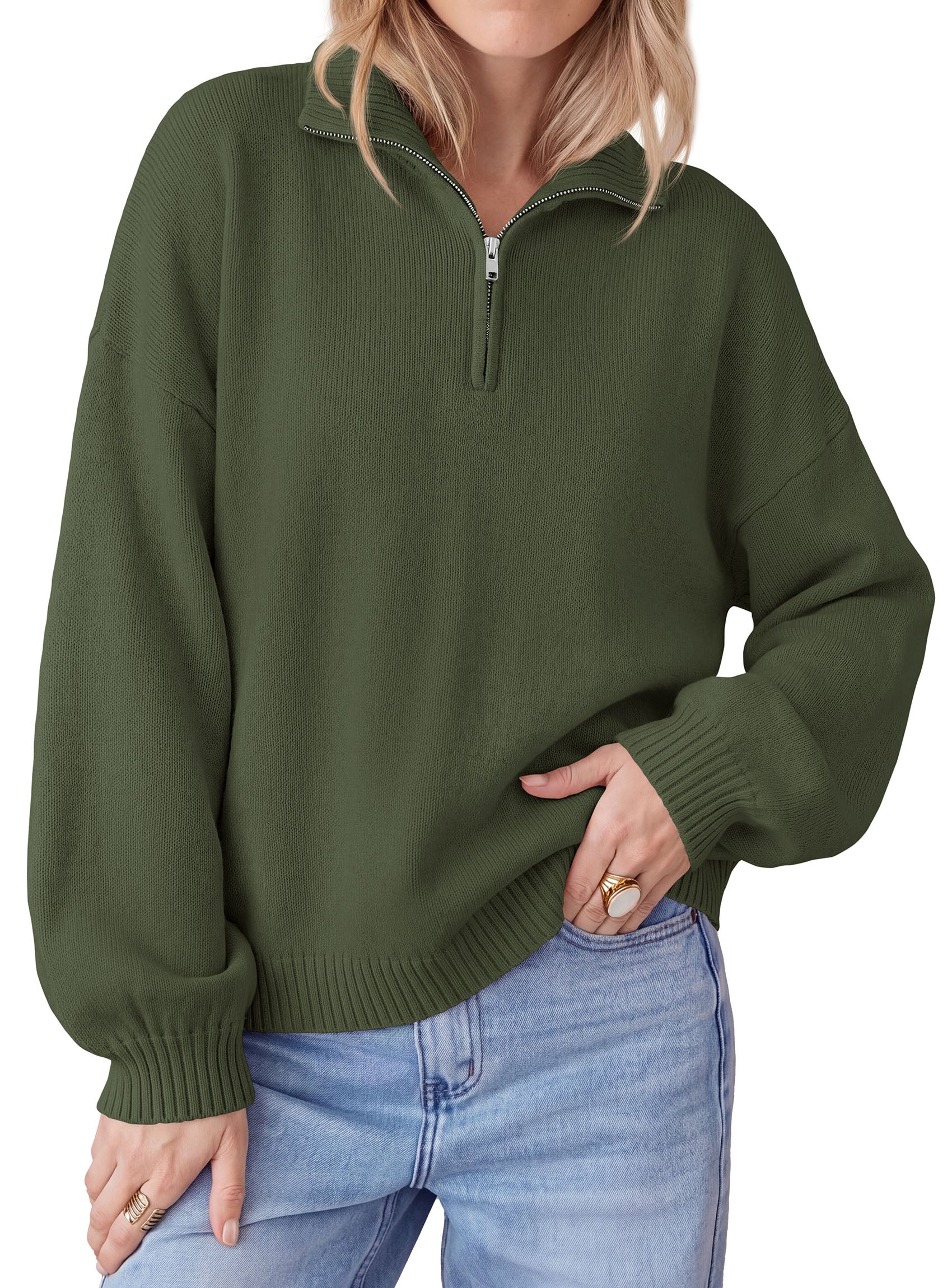 PRETTYGARDEN Women's Quarter Zip Pullover Oversized Sweaters | Collared Neck, Long Balloon Sleeve, Jumper Tops, Soft Cozy Knit, Ribbed Hem, Loose Fit, Fall Outfits, Winter Fashion Clothing