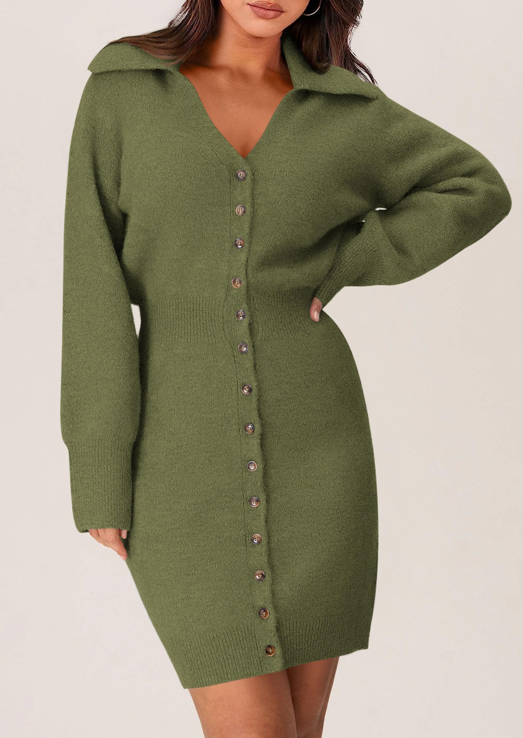 PRETTYGARDEN Sweater Dresses for Women Trendy Long Sleeve Button Down Short Spring Dress