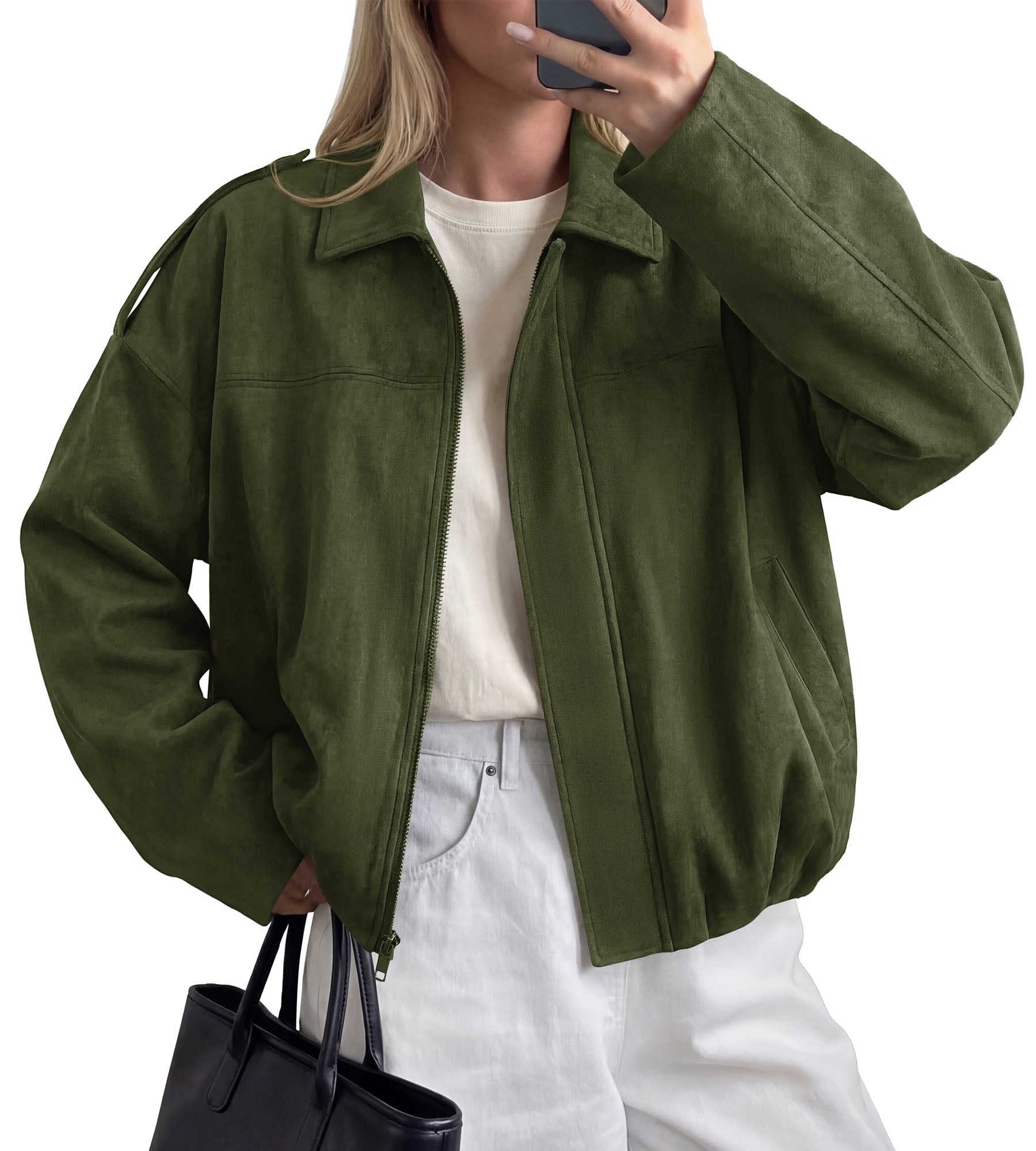 PRETTYGARDEN Women's Faux Suede Cropped Bomber Jacket | Long Sleeve Zip Up Casual Going Out Jackets Coat, Oversized Loose Fit Western Outfits, Trendy Outerwear, Fall Clothes
