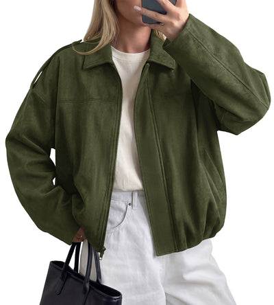 PRETTYGARDEN Women's Faux Suede Cropped Bomber Jacket | Long Sleeve Zip Up Casual Going Out Jackets Coat, Oversized Loose Fit Western Outfits, Trendy Outerwear, Fall Clothes