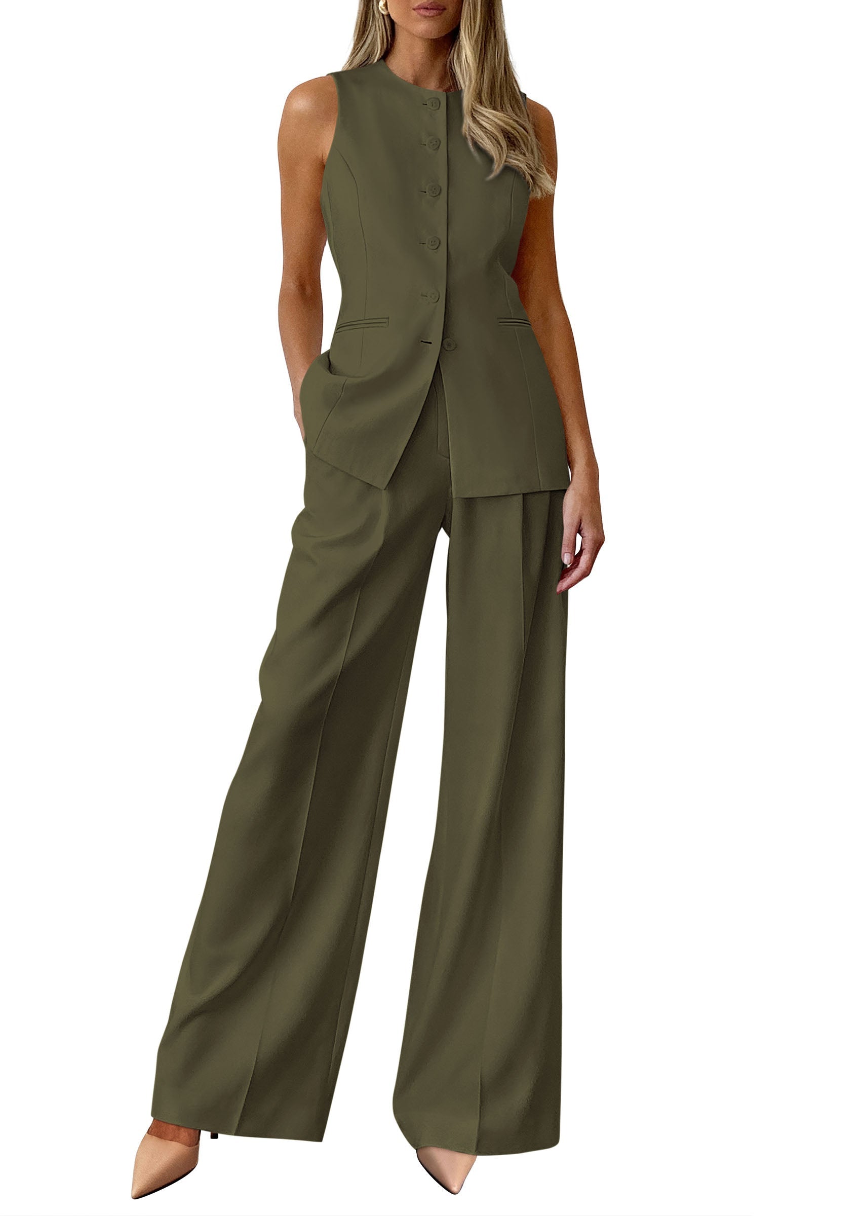 PRETTYGARDEN Women's 2 Piece Sets Summer 2026 Work Clothes Sleeveless Blazer Vest Pants Suits Spring Business Casual Outfits PRETTYGARDEN