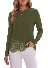 PRETTYGARDEN Women's Lace Patchwork Long Sleeve Shirts | Soft Casual Tops,Irregular Asymmetrical Hem,Crew Neck Thermal Blouses,Loose Fit Layer Tee,Fashion Fall Winter Daily Wear