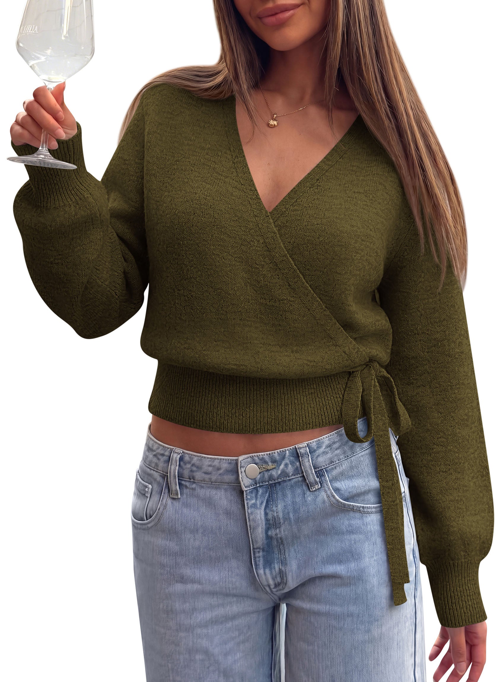 PRETTYGARDEN V Neck Wrap Sweaters for Women Fall Outifts Pullover | Long Sleeve Knit Tops,Cross V Neck with Hidden Snap,Tie Waist,Cozy Warm Winter Clothes for Work,Travel,Vacation,Going Out