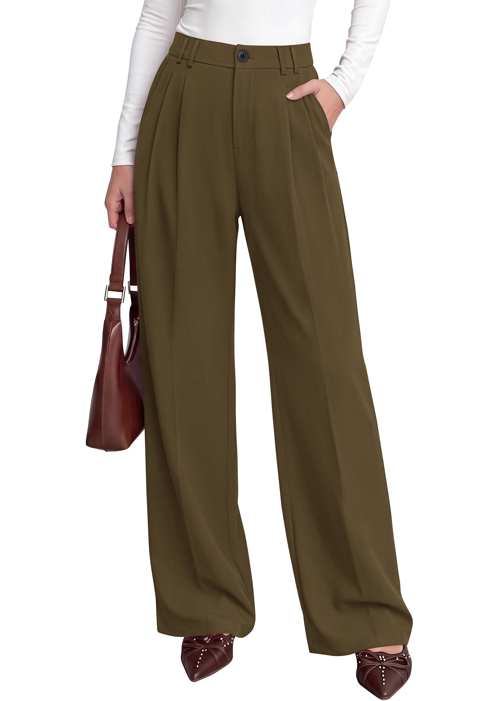 PRETTYGARDEN Women's Dress Pants Wide Leg Flowy Trousers | High Waisted Palazzo Pants, Pleated Front, Side Pockets, Work Office Wear, Business Casual Outfits, Fall Fashion Clothing