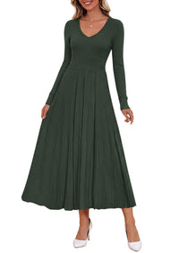 PRETTYGARDEN Women's Fall V Neck Pleated Midi Sweater Dress  Stretchy Ribbed Knit,Long Sleeve,A Line Flowy Skirt,Elegant Long Dresses for Wedding Guest,Work Office,Winter Party Outfits