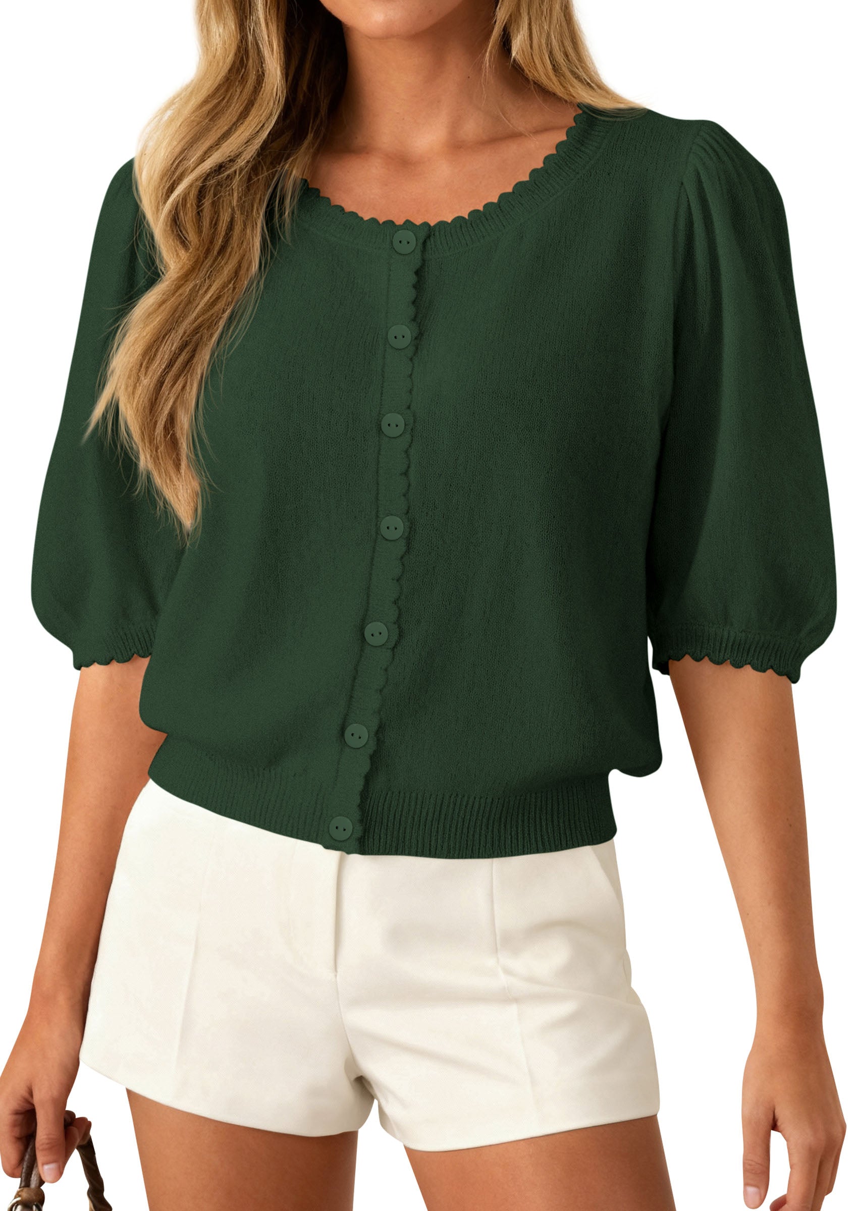 PRETTYGARDEN Puff Short Sleeve Cardigans for Women Lightweight 2026 Summer Shirts Button Up Knit Sweater Tops Spring Clothes PRETTYGARDEN