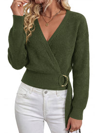 PRETTYGARDEN Womens Sweaters 2026 Trendy Long Sleeve Wrap V Neck Metal Buckle Belted Fall Tunic Sweater Winter Clothing