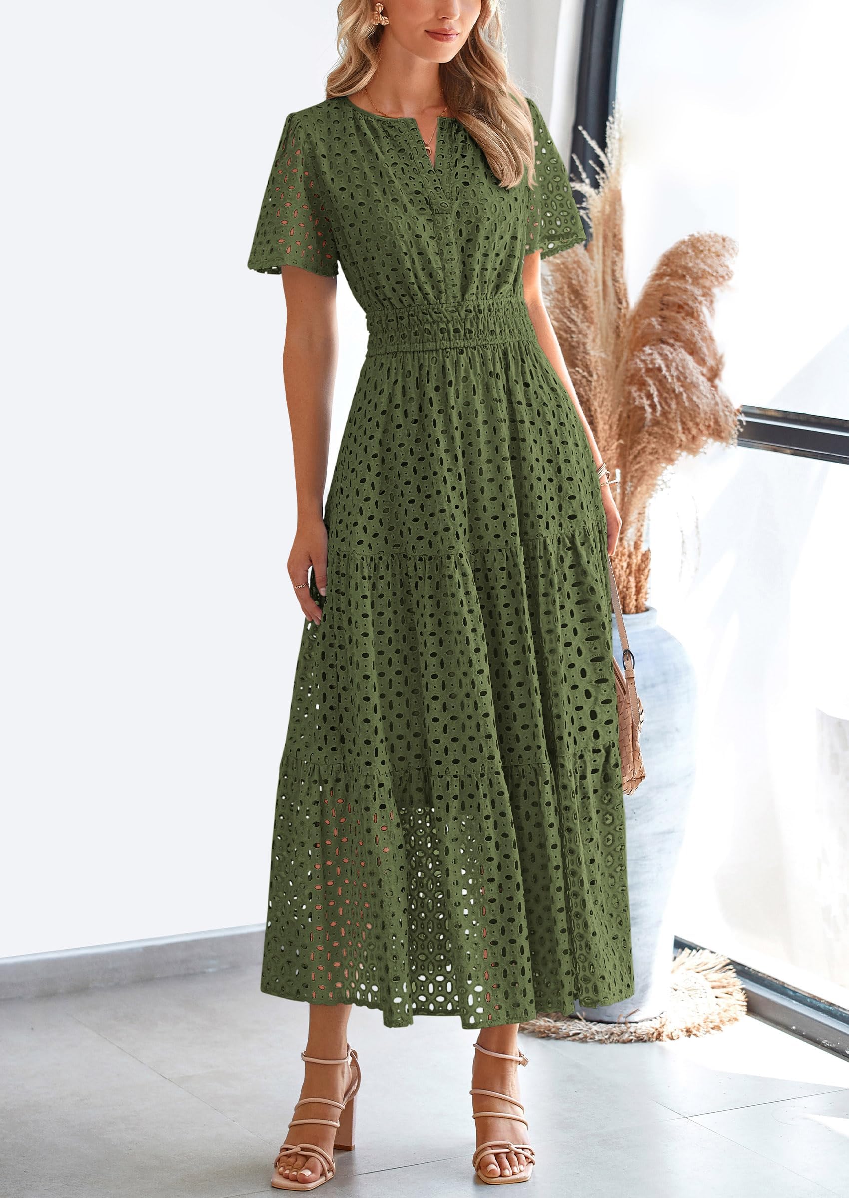 PRETTYGARDEN Womens Maxi Dress Short Sleeve V Neck Hollow Out Eyelet A Line Long Flowy Beach Vacation Dresses