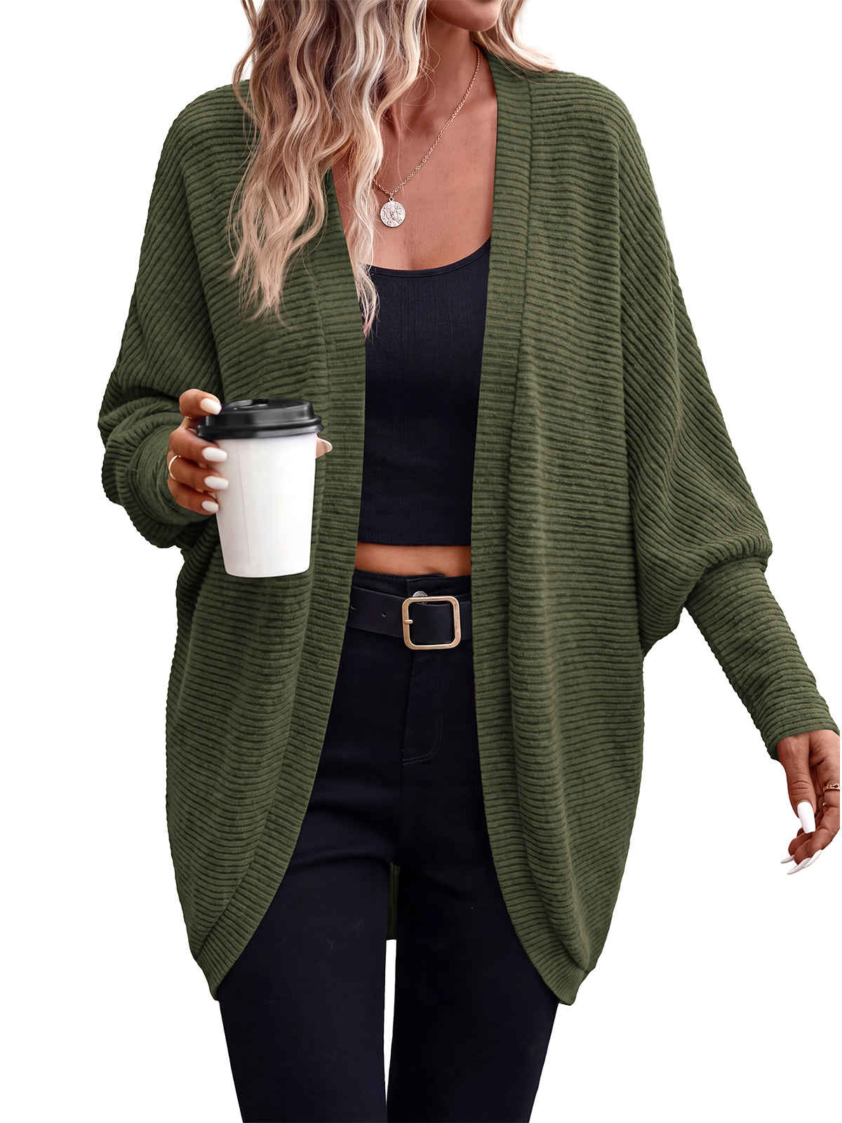 PRETTYGARDEN Batwing Long Sleeve Lightweight Cardigan Sweaters for Women | Batwing Sleeve Long Cardigans, Loose Fit Soft Ribbed Knit Light Weight Sweater, Early Fall Fashion Streetwear, Travel Outfits