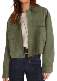 PRETTYGARDEN Women's Faux Suede Cropped Fall Jackets | Soft Zip Up Coats,Classic Lapel Collar,Button Down Shacket,Oversized Casual Outerwear,Trendy Winter Clothes with Pockets