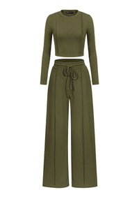 PRETTYGARDEN Womens 2 Piece Sets Long Sleeve Outfits  Soft Ribbed Knit, Loose Wide Leg Fit, Crop Top Drawstring High Waist Pants Set, Casual Lounge Travel, Matching Fall Clothes
