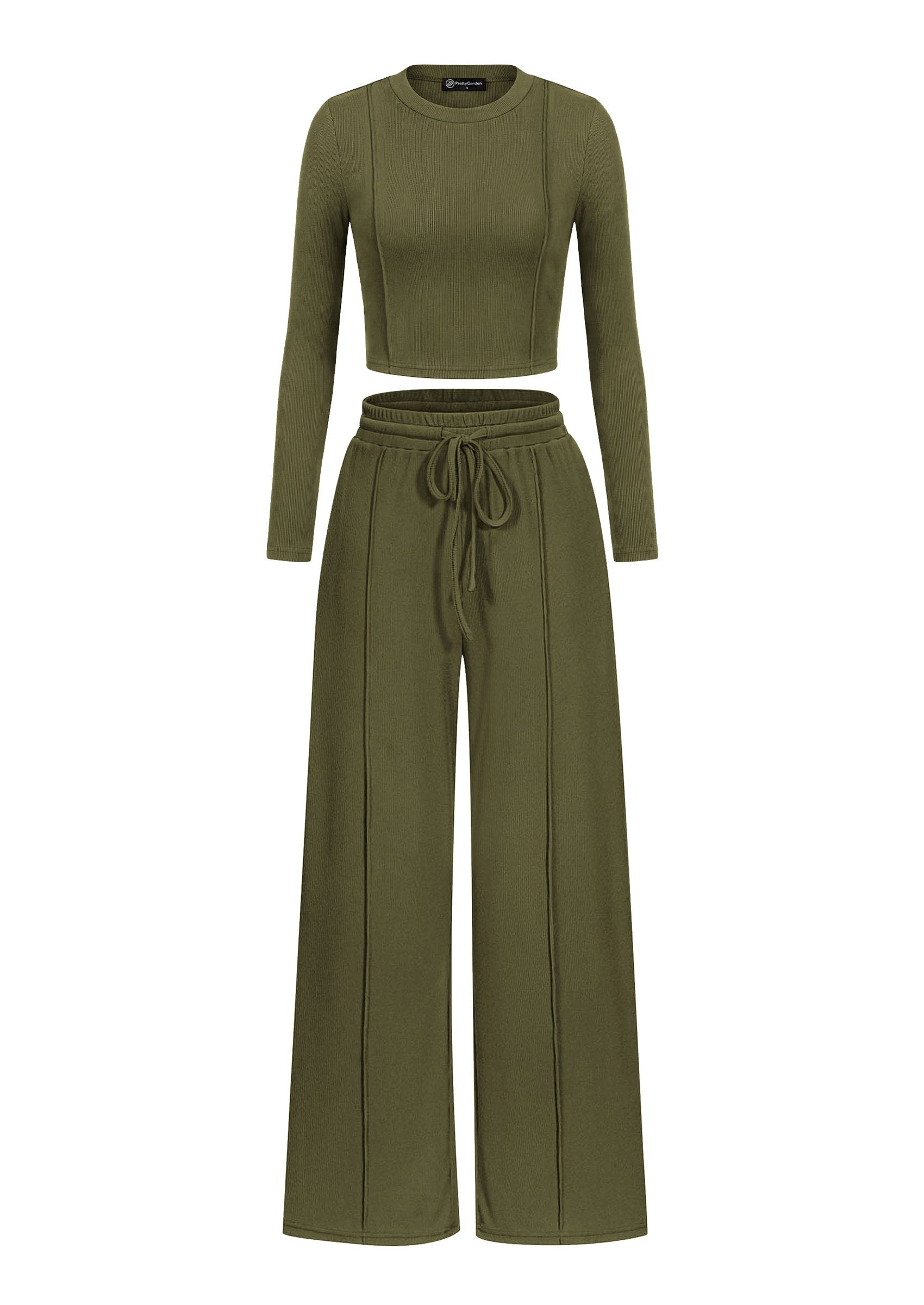 PRETTYGARDEN Womens 2 Piece Sets Long Sleeve Outfits  Soft Ribbed Knit, Loose Wide Leg Fit, Crop Top Drawstring High Waist Pants Set, Casual Lounge Travel, Matching Fall Clothes